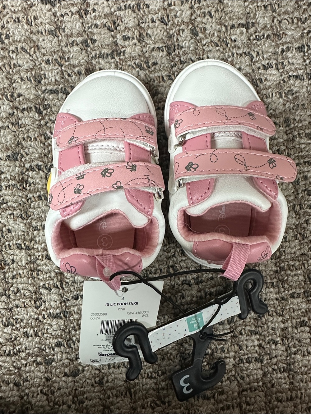 Disney Pink and White Baby Velcro Sneakers with Pooh Accent